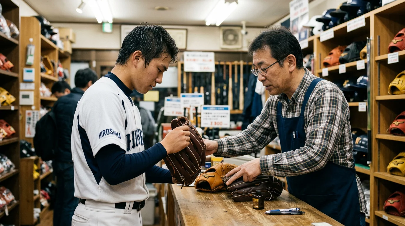 野球用品専門店でグラブを試着しながら相談する選手と店員の手元